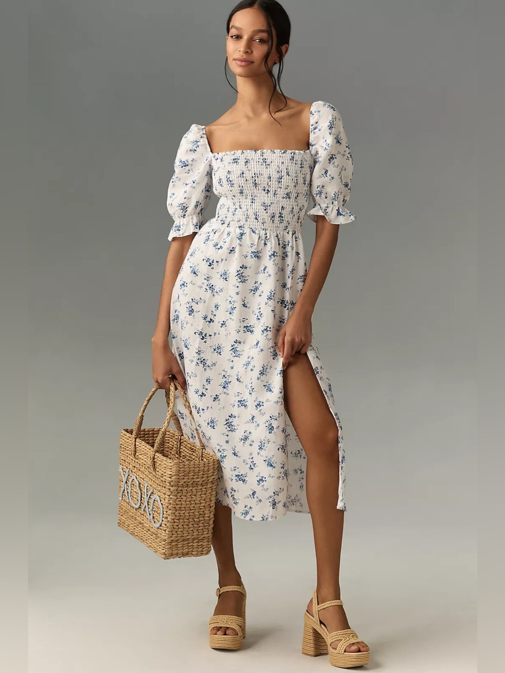 NWOT REFORMATION Marabella Linen Midi Dress Floral Smocked Puff Sleeves Sz: S